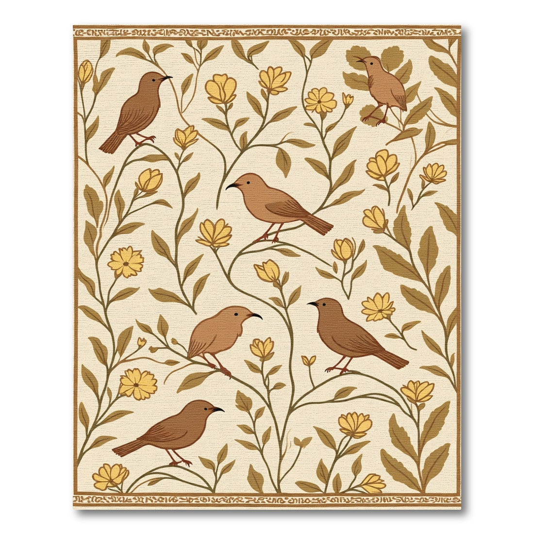 Brown Birds Yellow Floral Branches Rug