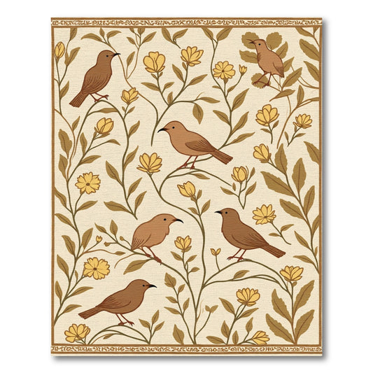 Brown Birds Yellow Floral Branches Rug