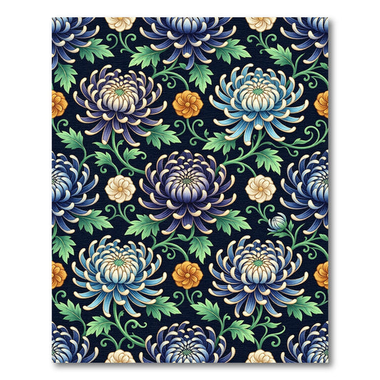 Crimson Blue Chrysanthemum Floral Vine Rug