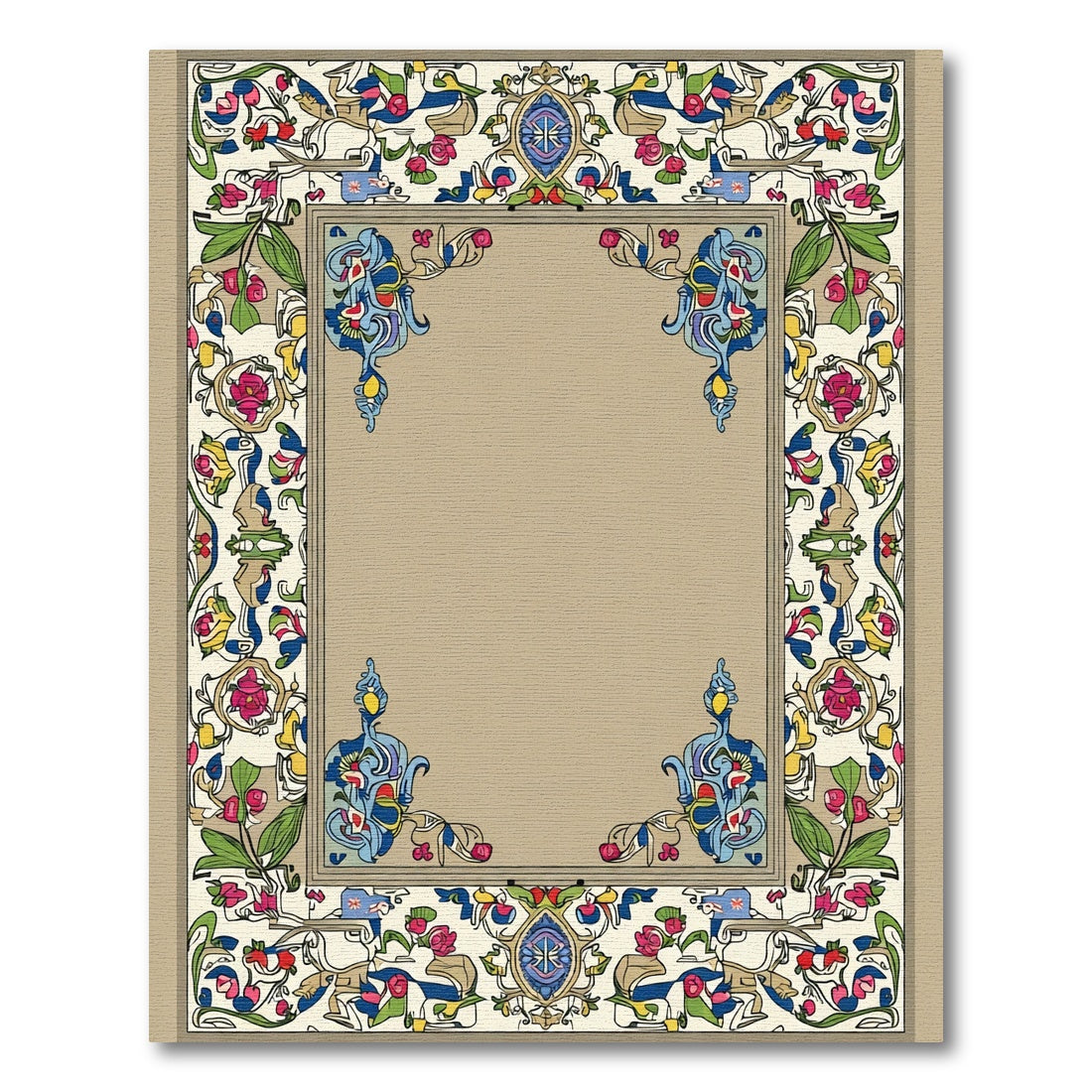 Vibrant Floral Border with Blue Accents Rug