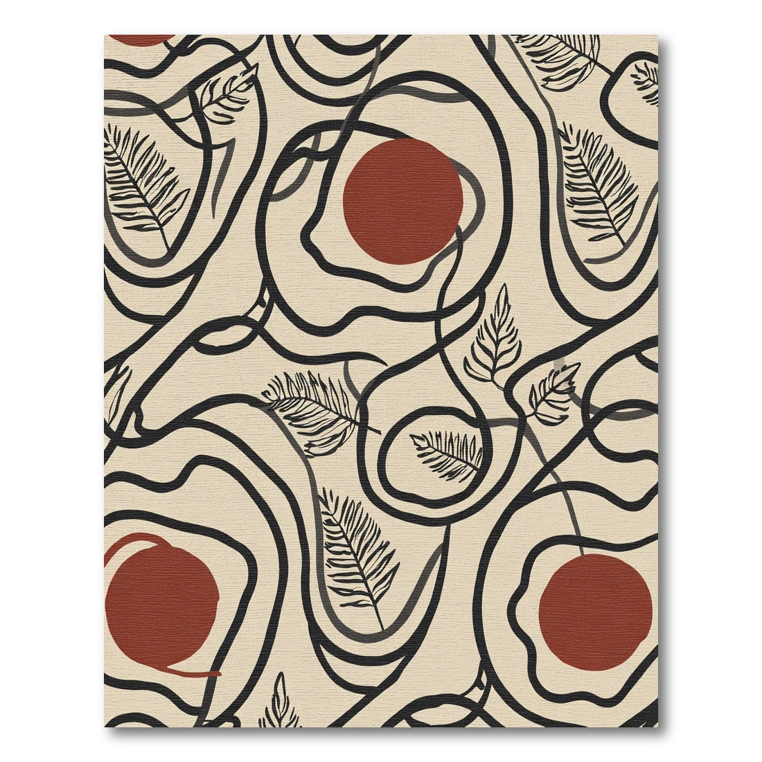 Abstract Black Organic Circles Fern Shape Rug