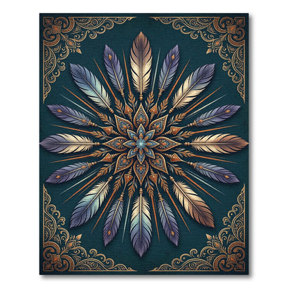Teal Golden Feather Mandala Art Rug
