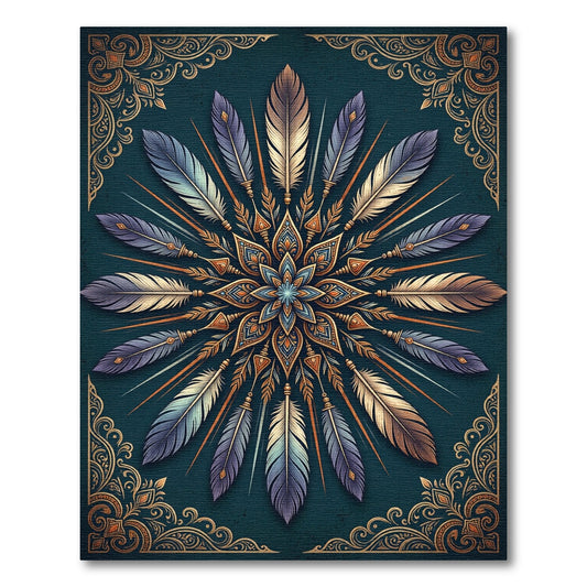 Teal Golden Feather Mandala Art Rug
