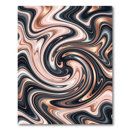 Abstract Swirl Rose Gold Black Fluid Rug