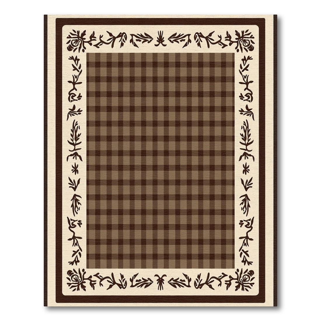 Vintage Brown Gingham Floral Border Rug