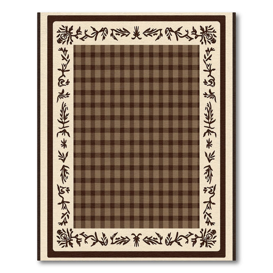 Vintage Brown Gingham Floral Border Rug