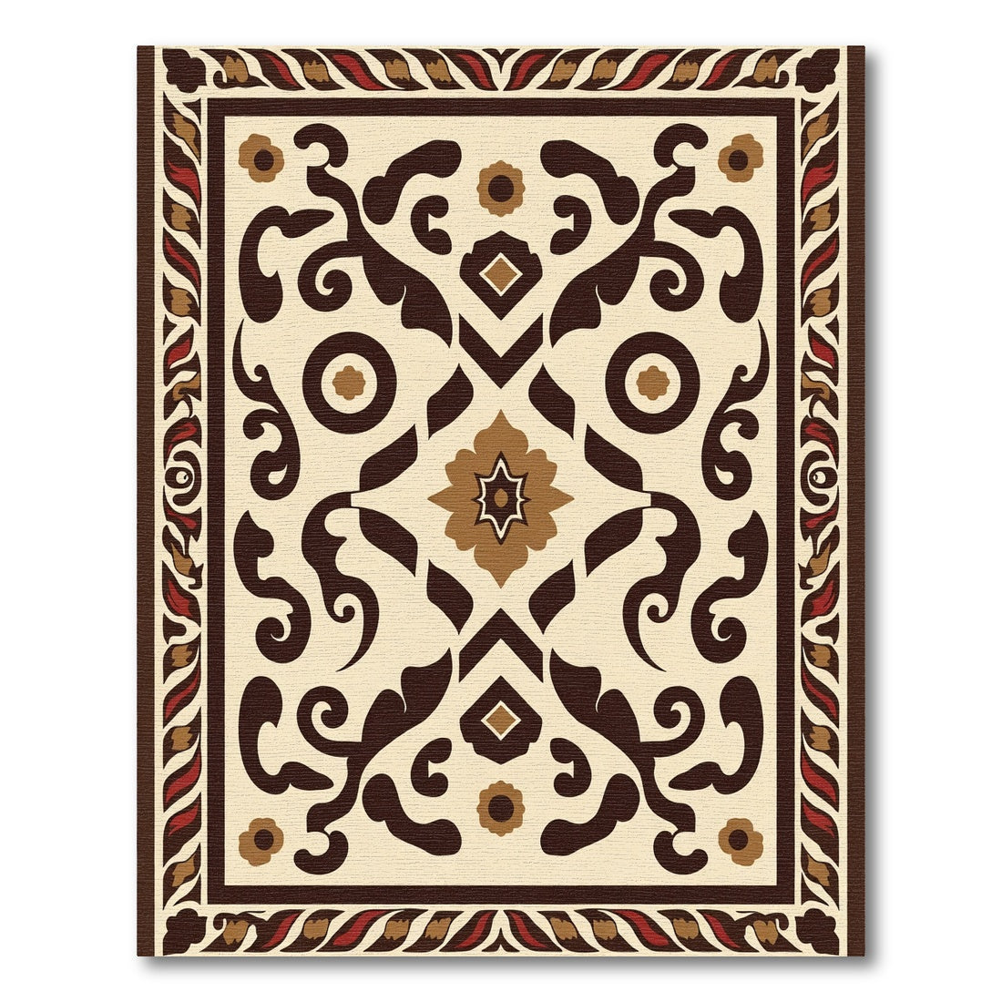 Ornate Brown and Red Floral Medallion Rug