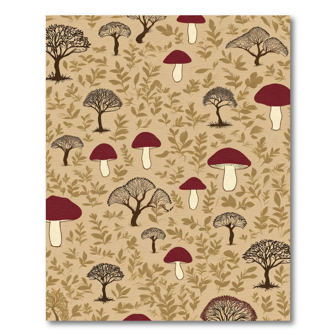 Red Mushroom Woodland Trees Beige Background Rug