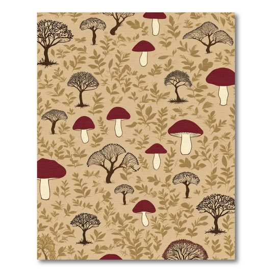 Red Mushroom Woodland Trees Beige Background Rug