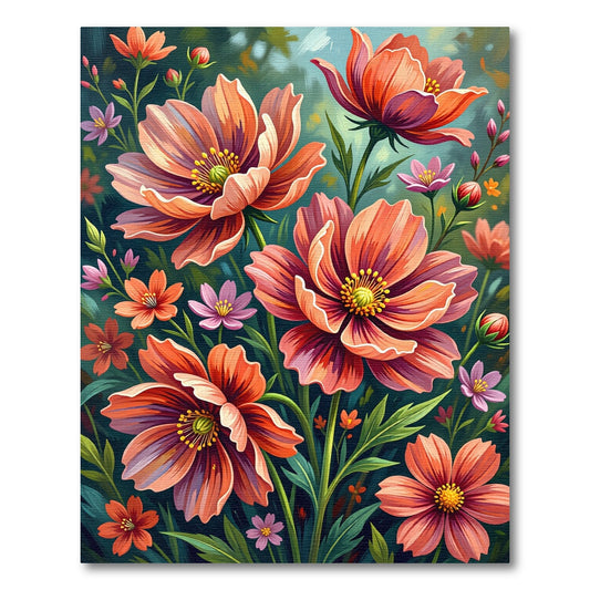 Vibrant Coral Cosmos Botanical Garden Rug