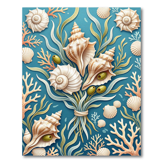 Coastal Seashell Olive Bouquet Blue Accent Rug