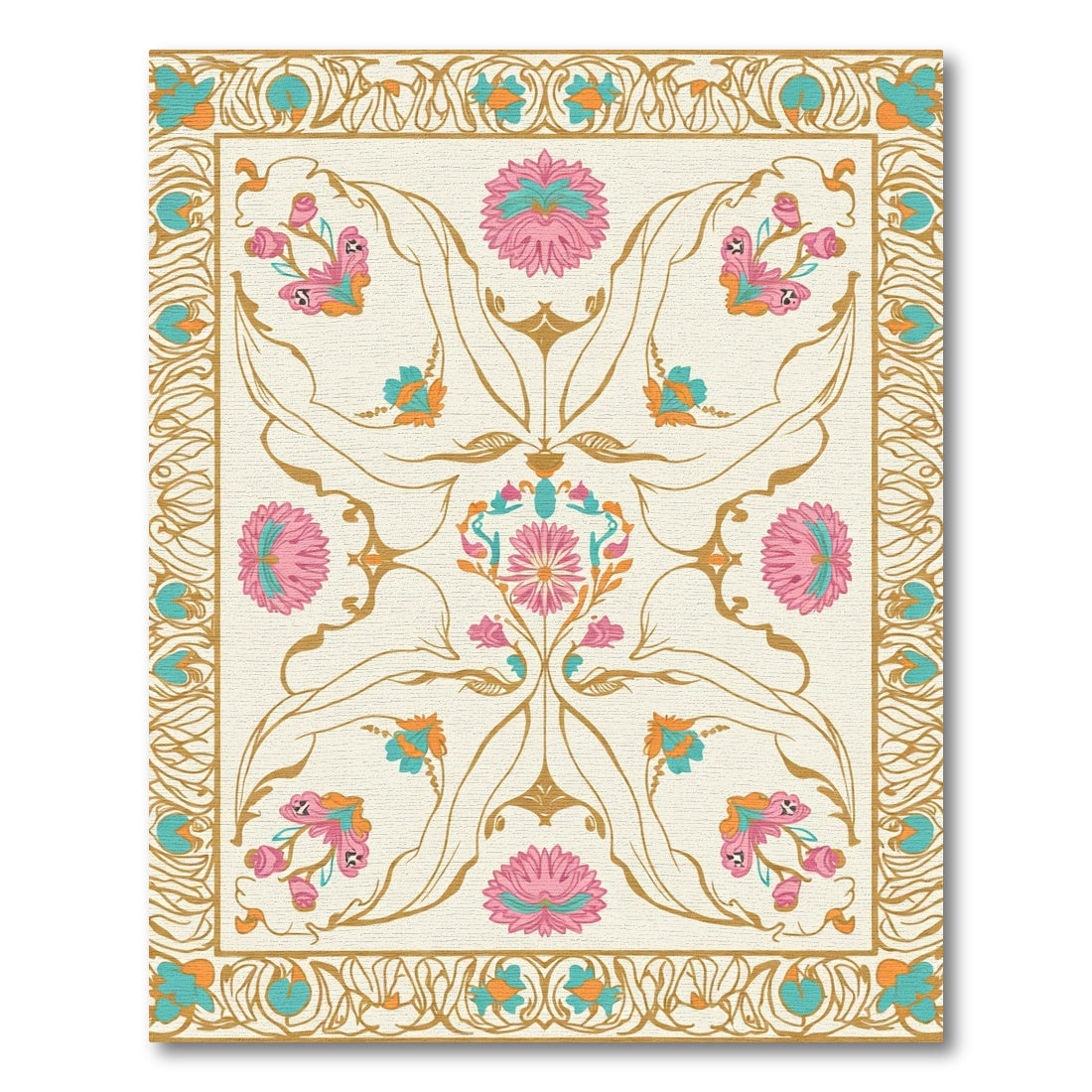 Golden Floral Meadow Aqua Pink Rug