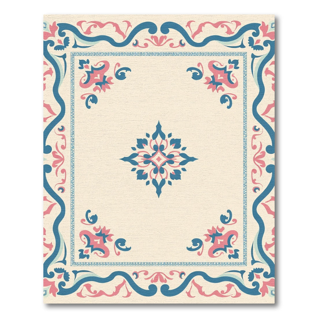 Coral Blue Floral Border Medallion Rug