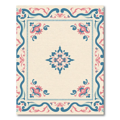 Coral Blue Floral Border Medallion Rug