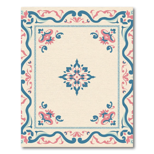 Coral Blue Floral Border Medallion Rug