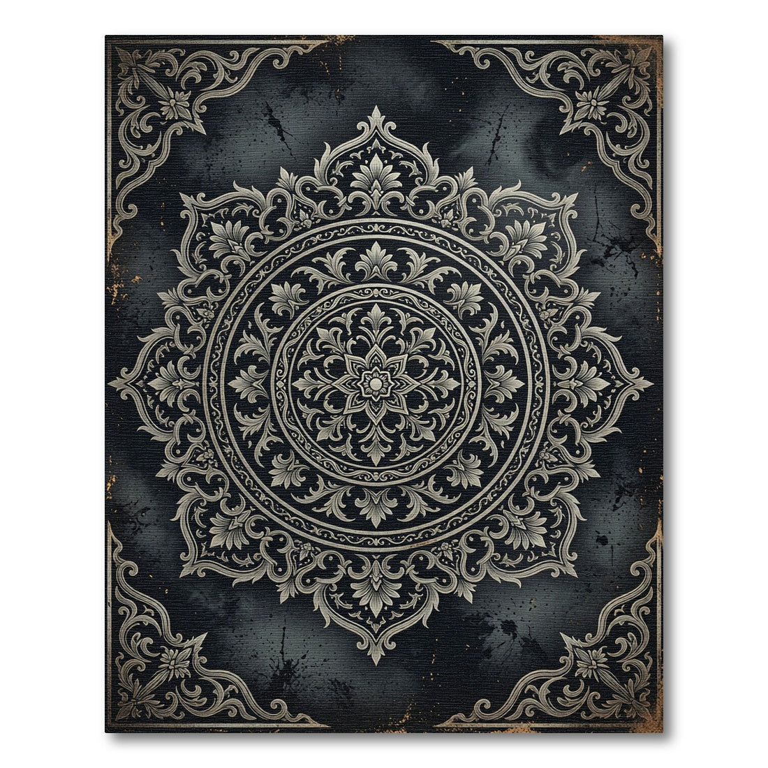 Ornate Damask Charcoal Floral Medallion Rug