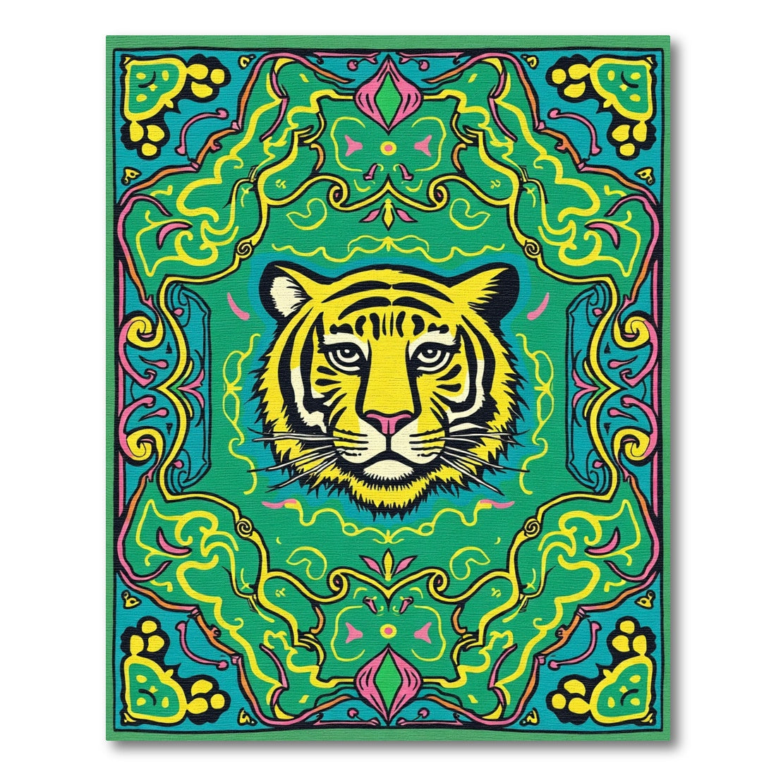 Vibrant Tiger In Ornate Floral Frame Rug