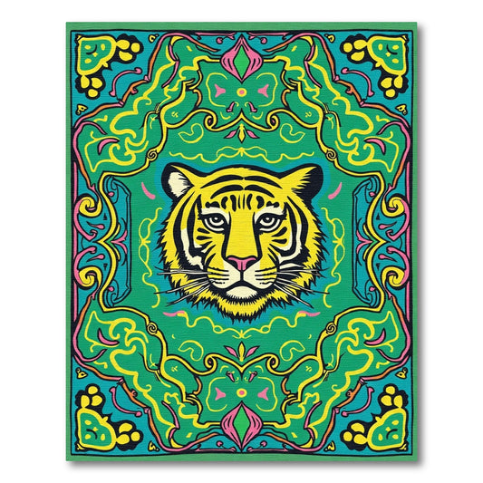 Vibrant Tiger In Ornate Floral Frame Rug