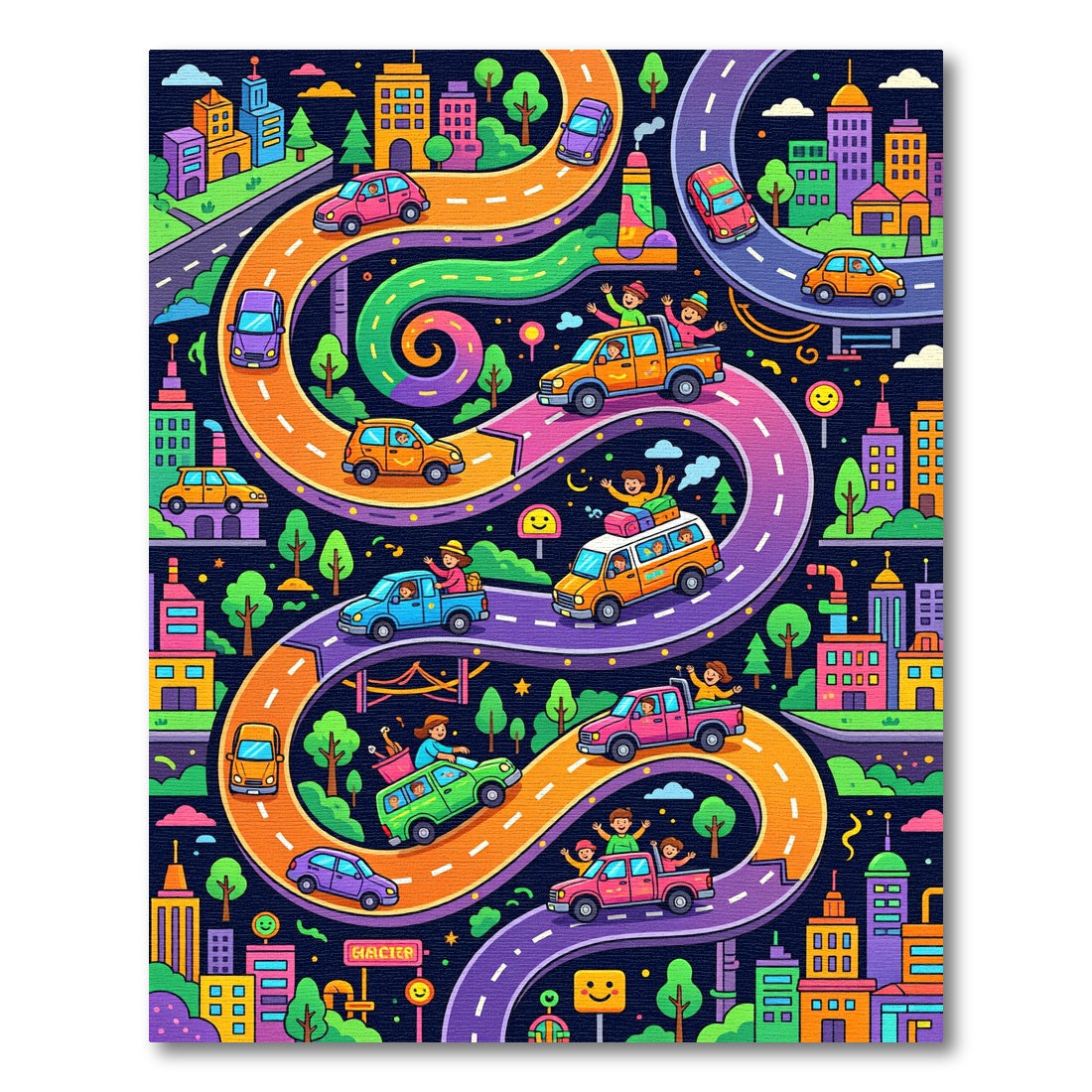 Vibrant Colorful Winding City Road Illustration Rug