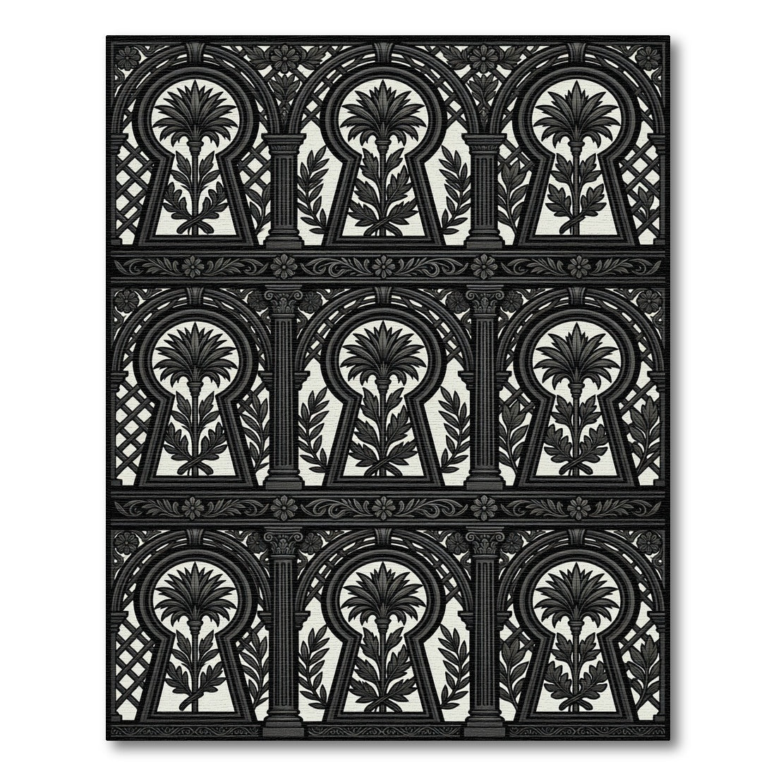 Black and White Keyhole Floral Garden Rug