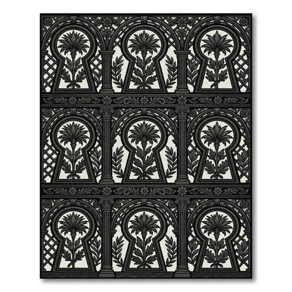 Black and White Keyhole Floral Garden Rug