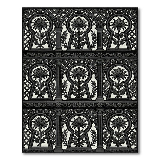 Black and White Keyhole Floral Garden Rug