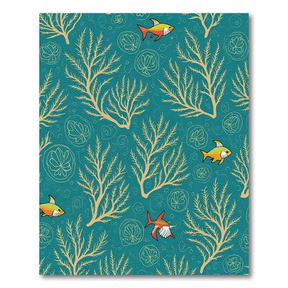 Golden Seaweed Fish Coral Illustration Rug