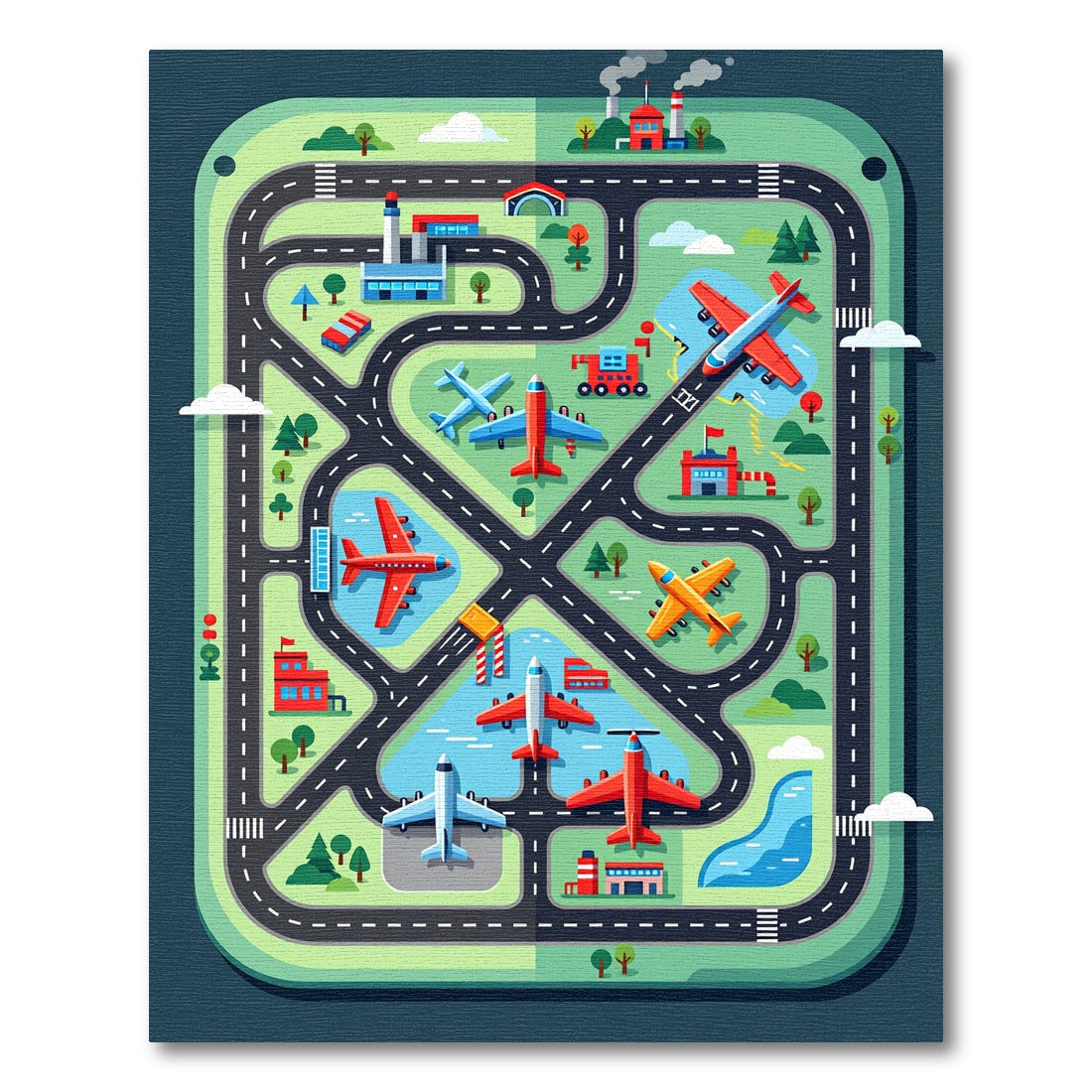Playful Green Airplanes Roads City Rug