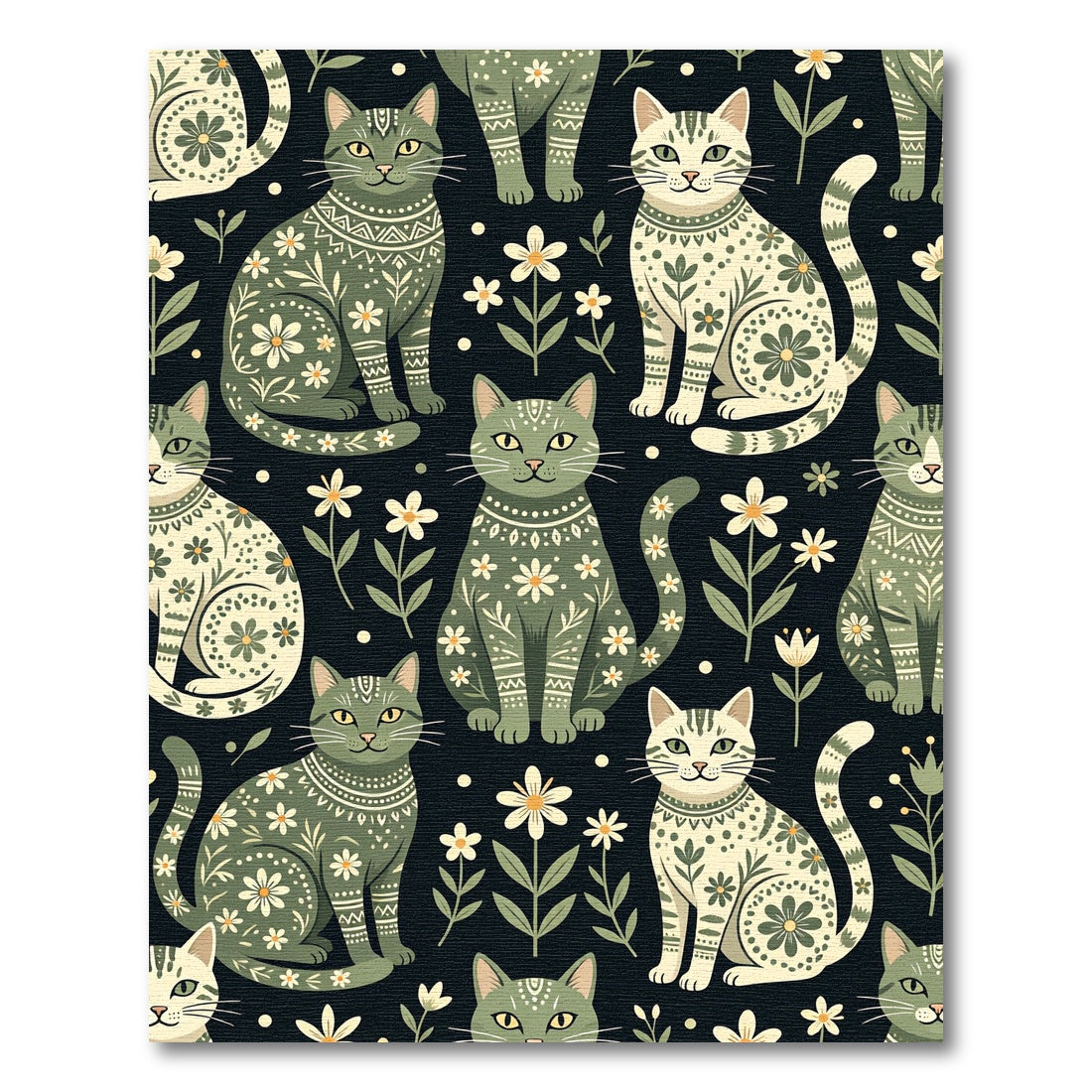 Sage Green Floral Folk Cat Illustration Rug