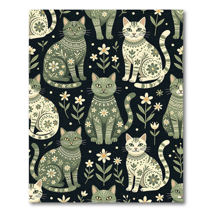 Sage Green Floral Folk Cat Illustration Rug