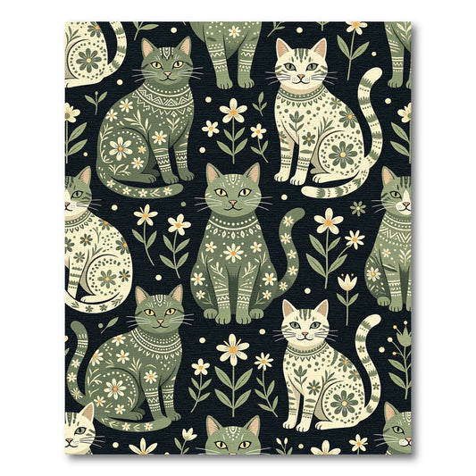 Sage Green Floral Folk Cat Illustration Rug