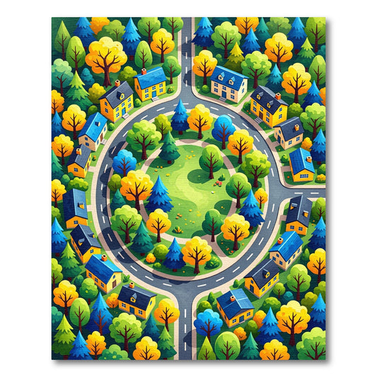 Vibrant Autumn Village Roundabout Trees Rug