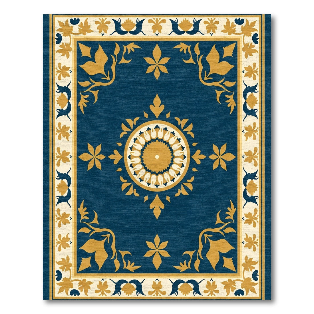 Golden Blue Floral Medallion Frame Rug