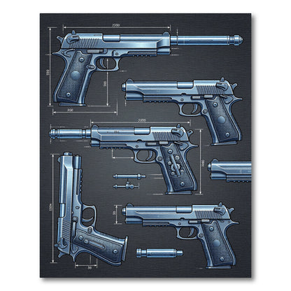 Technical Blueprint Metallic Firearm Art Rug