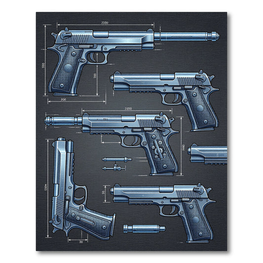 Technical Blueprint Metallic Firearm Art Rug