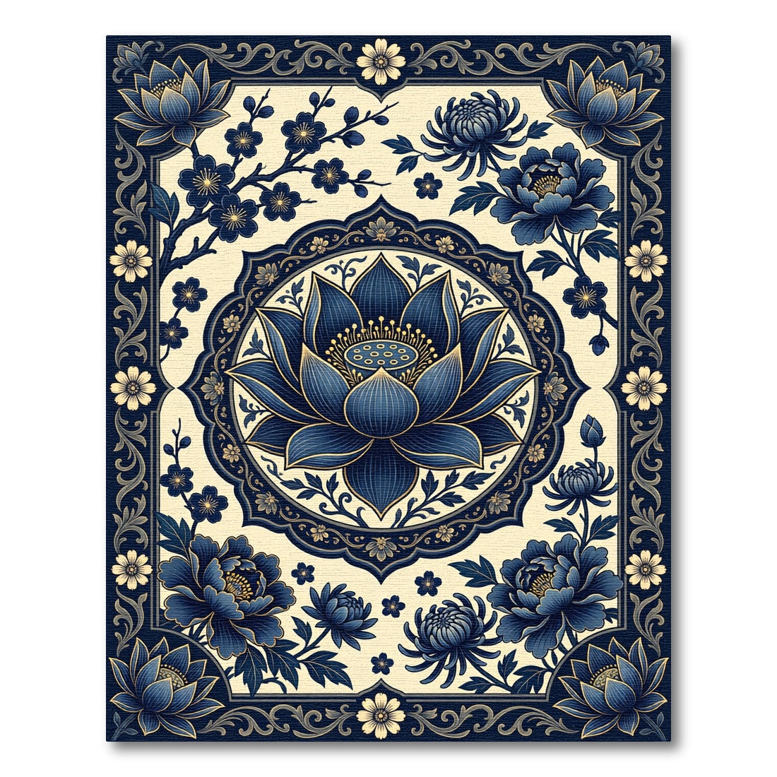 Elegant Indigo Lotus Floral Medallion Rug