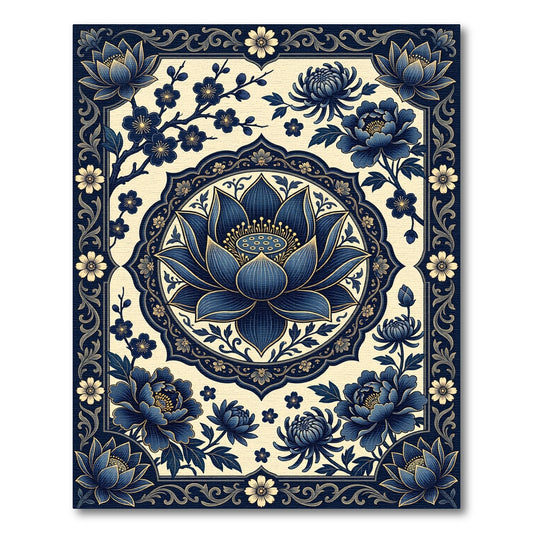 Elegant Indigo Lotus Floral Medallion Rug