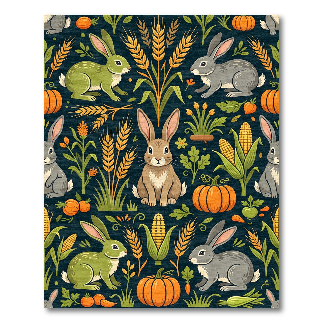 Harvest Rabbit Wheat and Pumpkin Illustration Rug