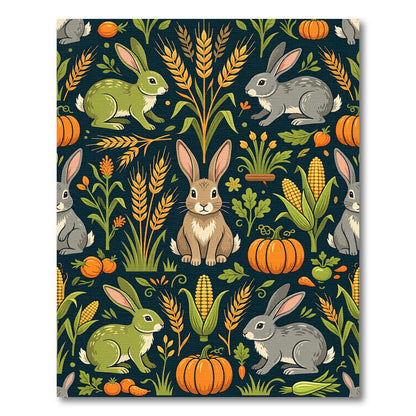 Harvest Rabbit Wheat and Pumpkin Illustration Rug