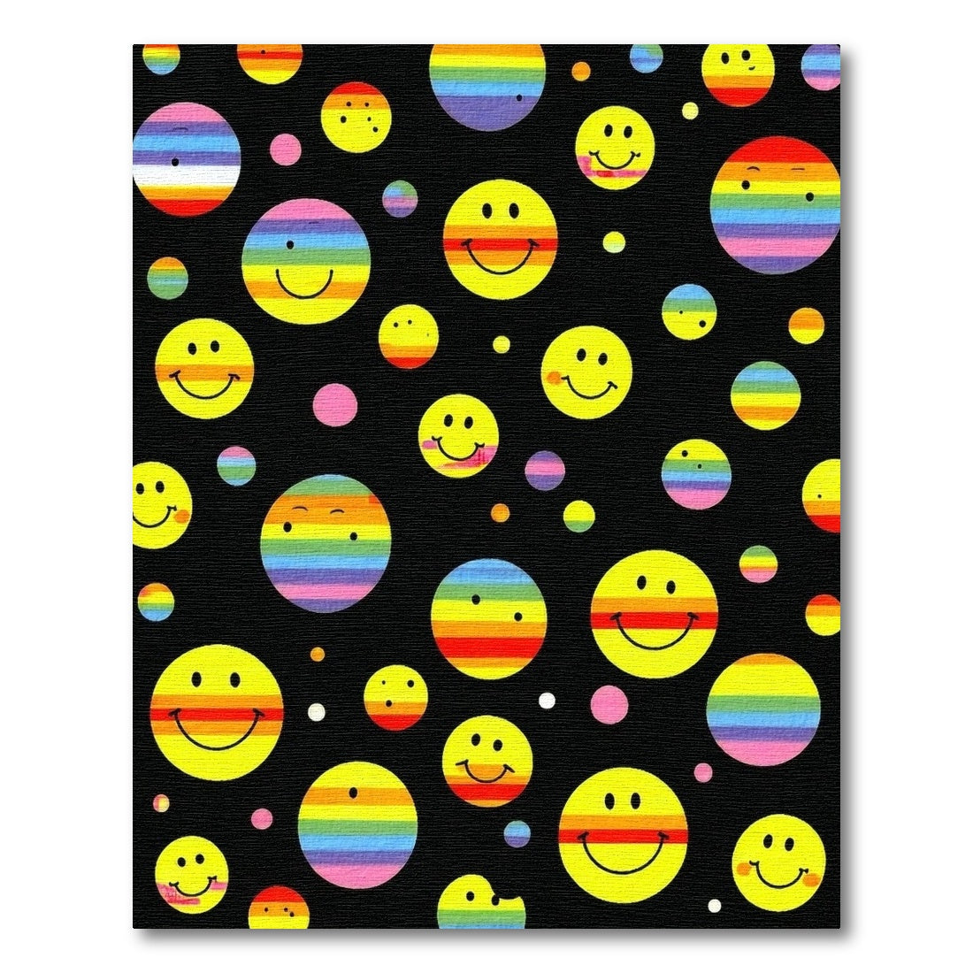 Whimsical Yellow Smiley Rainbow Circles Rug