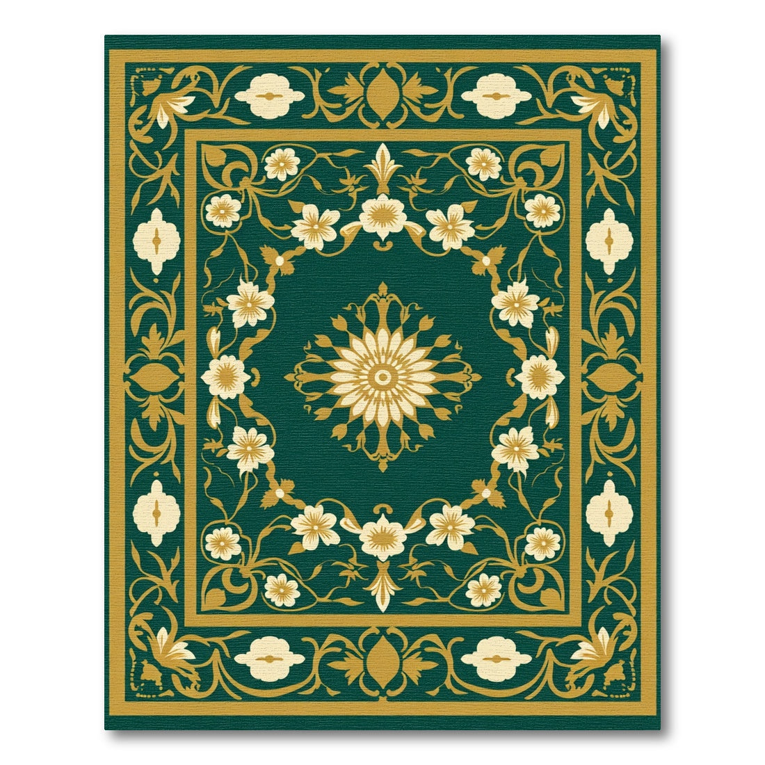 Deep Emerald Floral Medallion Swirl Rug