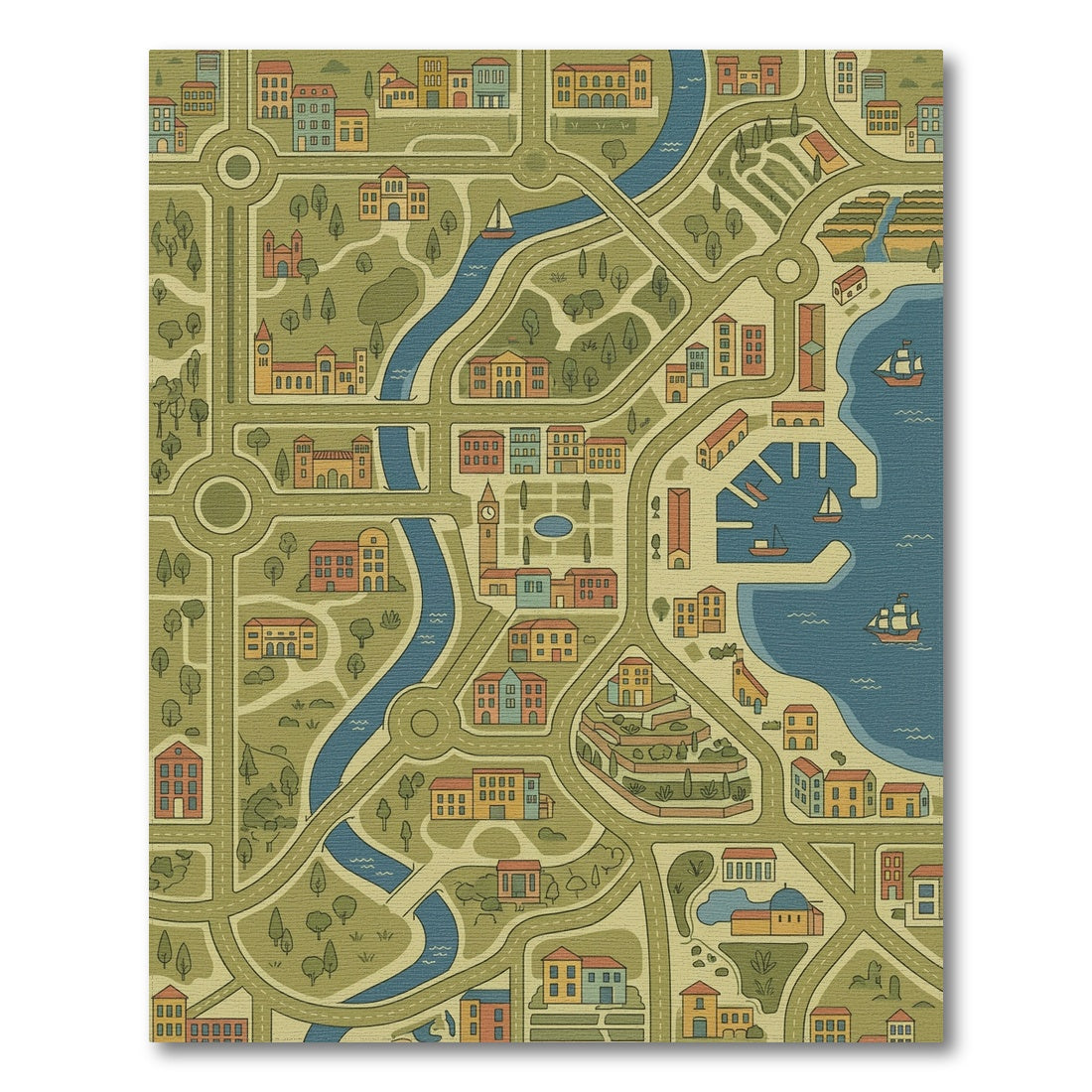 Whimsical Riverside Harbor Town Rug