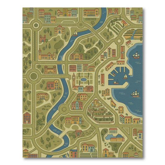 Whimsical Riverside Harbor Town Rug