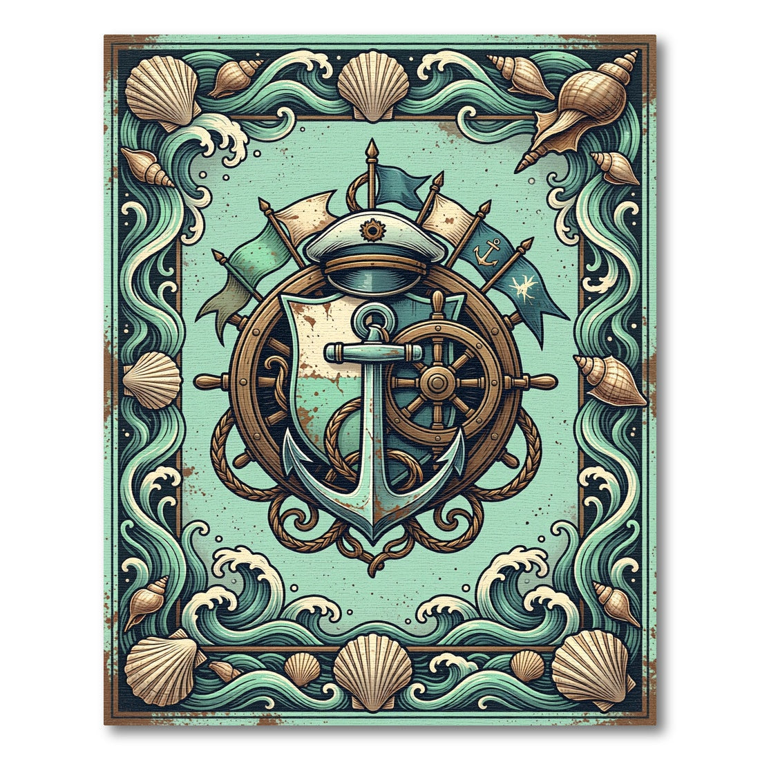 Nautical Anchor Sea Shell Cream Teal Rug
