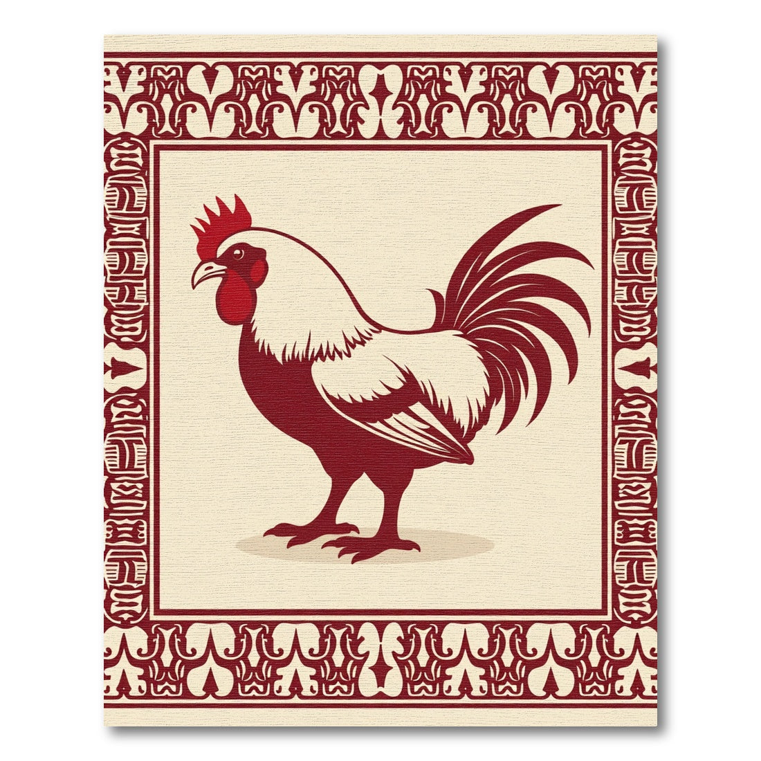 Crimson Rooster Folk Art Frame Rug