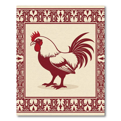 Crimson Rooster Folk Art Frame Rug
