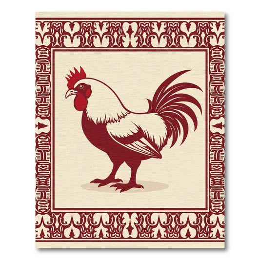 Crimson Rooster Folk Art Frame Rug