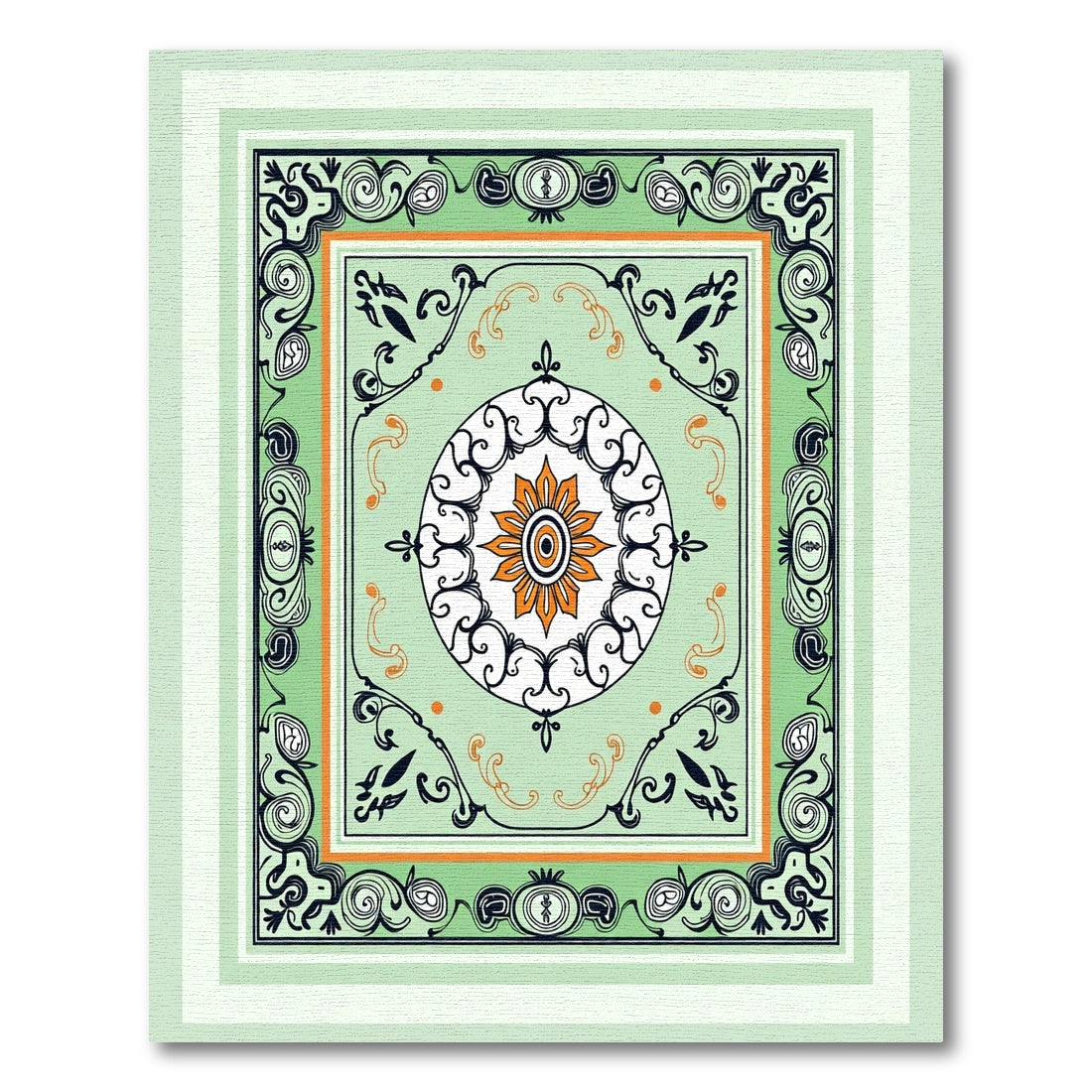 Ornate Green Orange Floral Medallion Rug