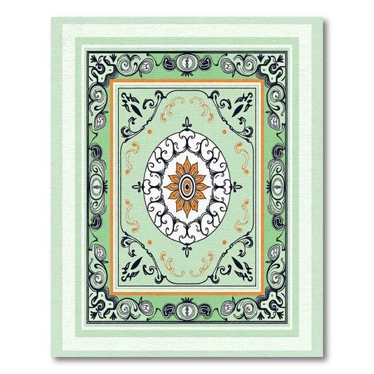 Ornate Green Orange Floral Medallion Rug