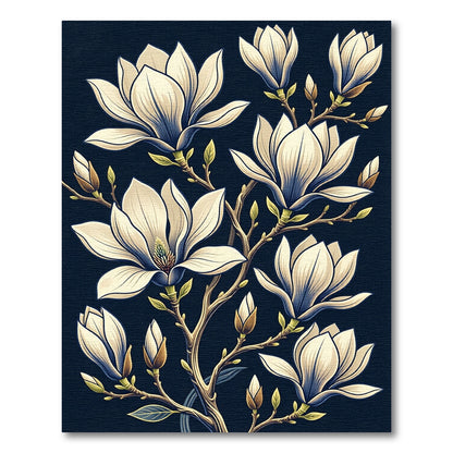 Elegant Cream Magnolia Blossom Navy Background Rug